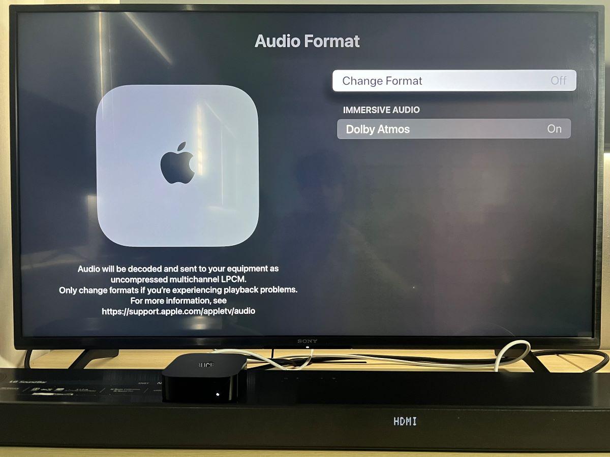 The Audio Format settings is Off to activate the Dolby Atmos on Apple TV box