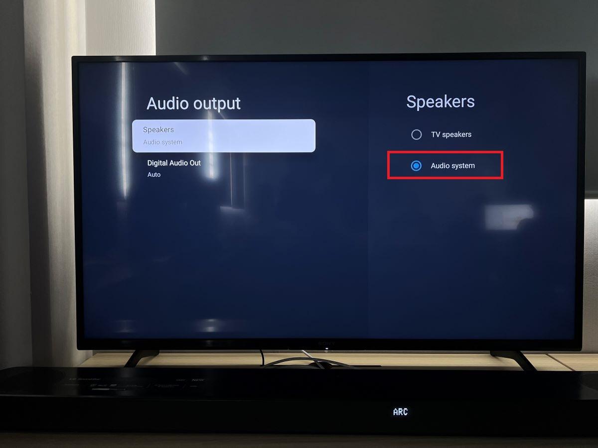 The Audio output of the Sony TV is set to Audio system