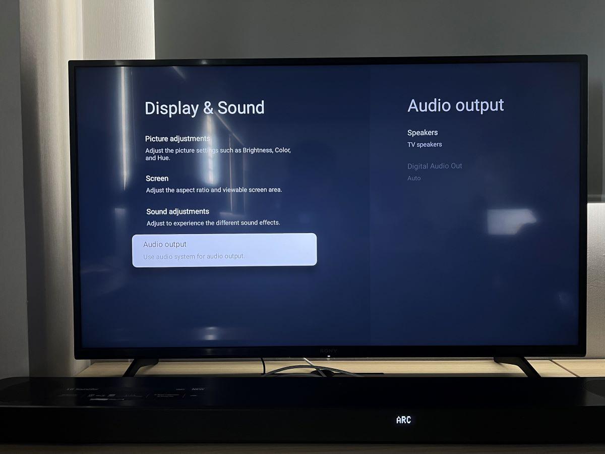 The Display and Sound settings on Sony TV is set the Audio output to TV speakers