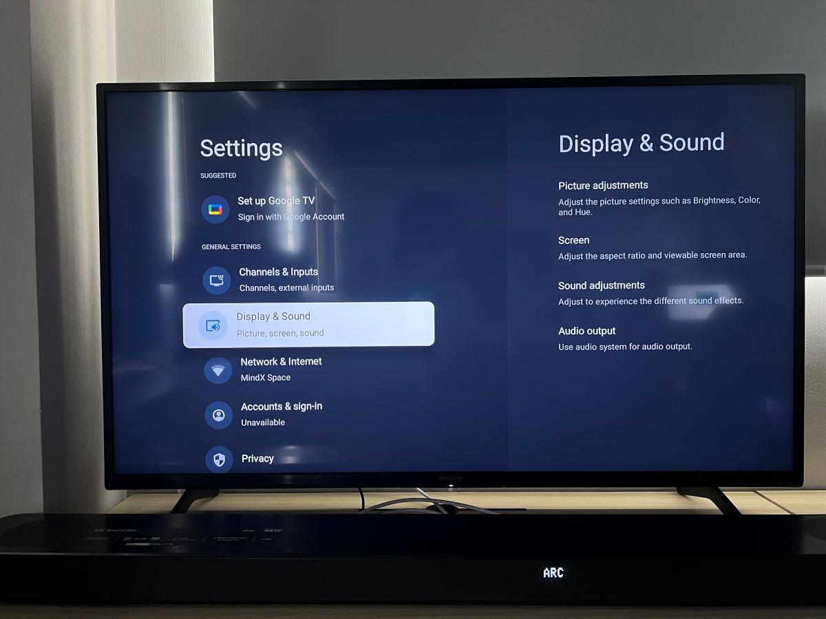 The Display and Sound settings on Sony TV with an LG soundbar