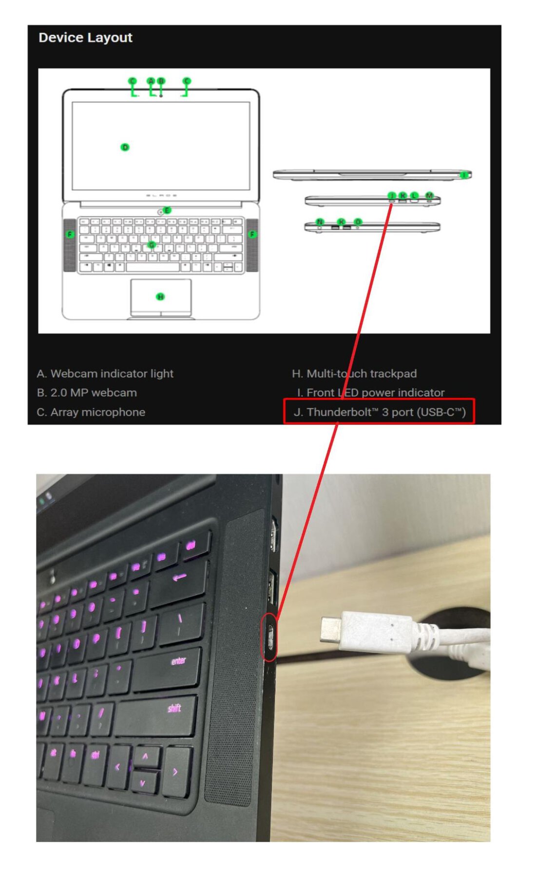 The DisplayPort from the Razer computer is highlighted with a red box and a diagram is showing where the DP is located