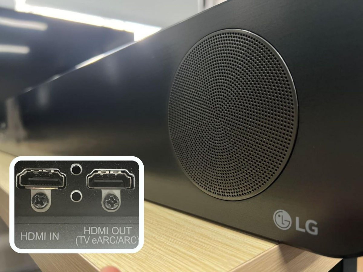 The LG soundbar with the highlight of HDMI input port and HDMI output port