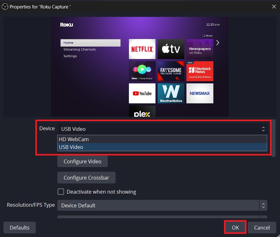 The Roku home menu appears via OBS capture video with the device feature is changing to USB video