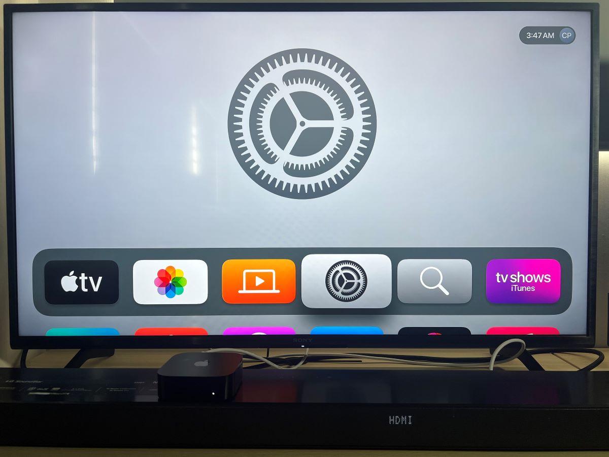 The Settings interface of the Apple TV box is showing on Sony TV