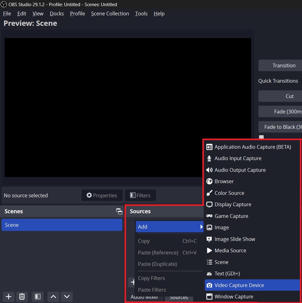 The adding new video source on OBS app with the red boxes highlighting