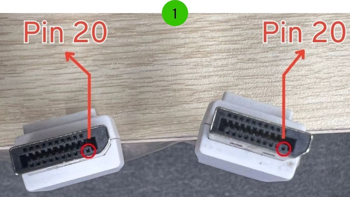 The pin 20s on each side of the DP cable connector
