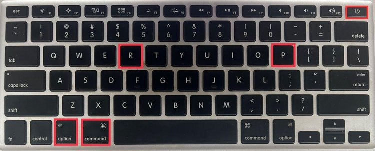 macbook's keyboard with option command P R power keys highlighted