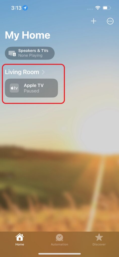 select Apple TV is Living Room on the iPhone Home app