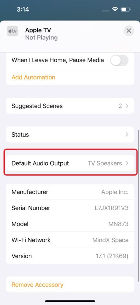 select the Default Audio Output setting of Apple TV in the Home app