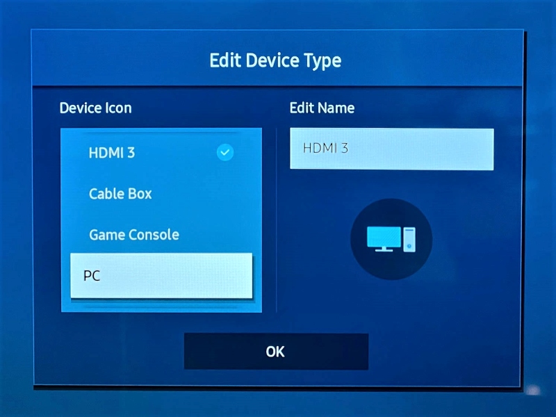 set the HDMI input device type as PC on the Samsung TV