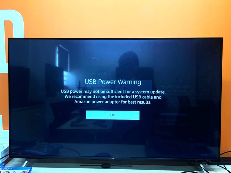 usb power warning notification of a fire tv stick on a tcl tv