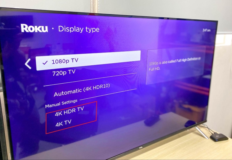 4K and 4K HDR TV settings of Roku Display type menu