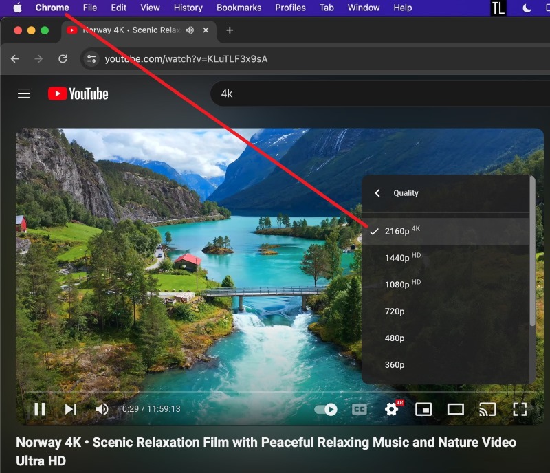 4K video option of a YouTube video when open with Chrome on Mac
