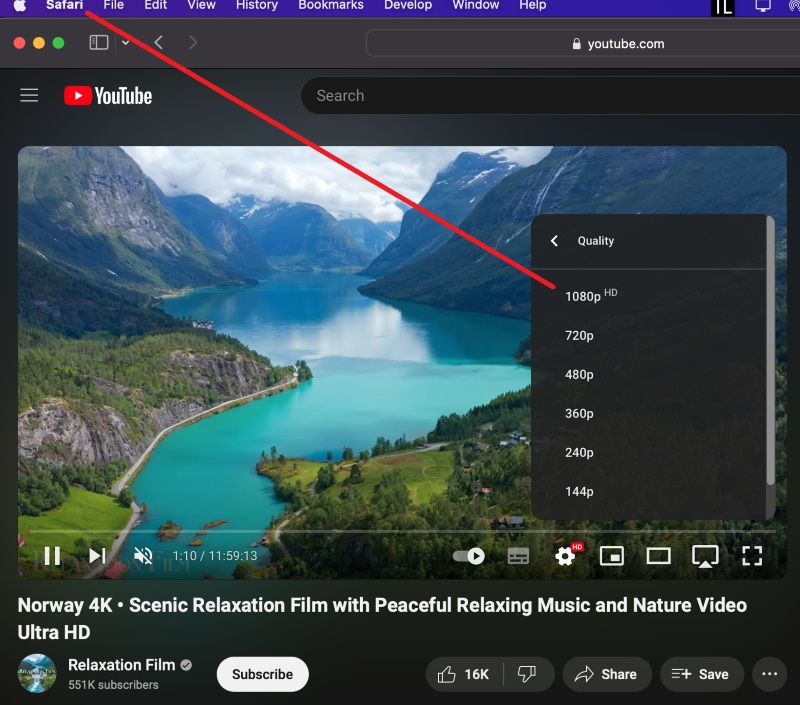 4K video option of a YouTube video when open with Safari on Mac