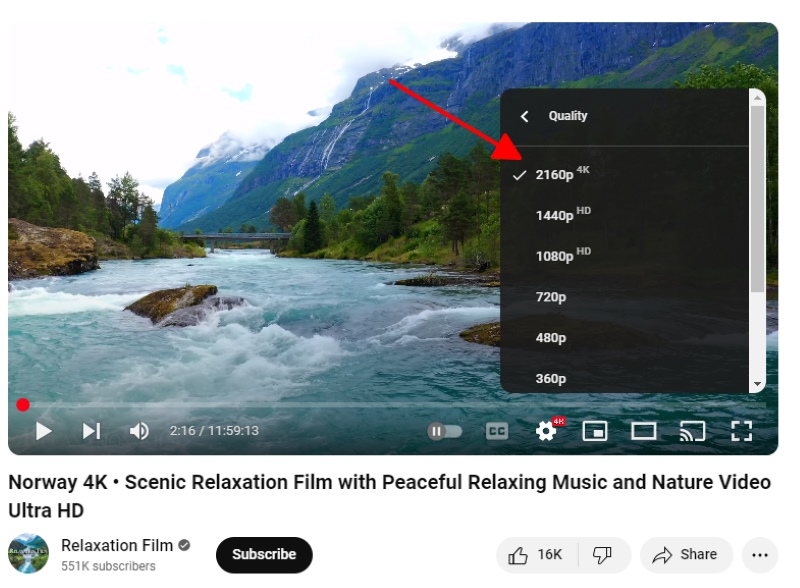 4K video quality option of a YouTube video