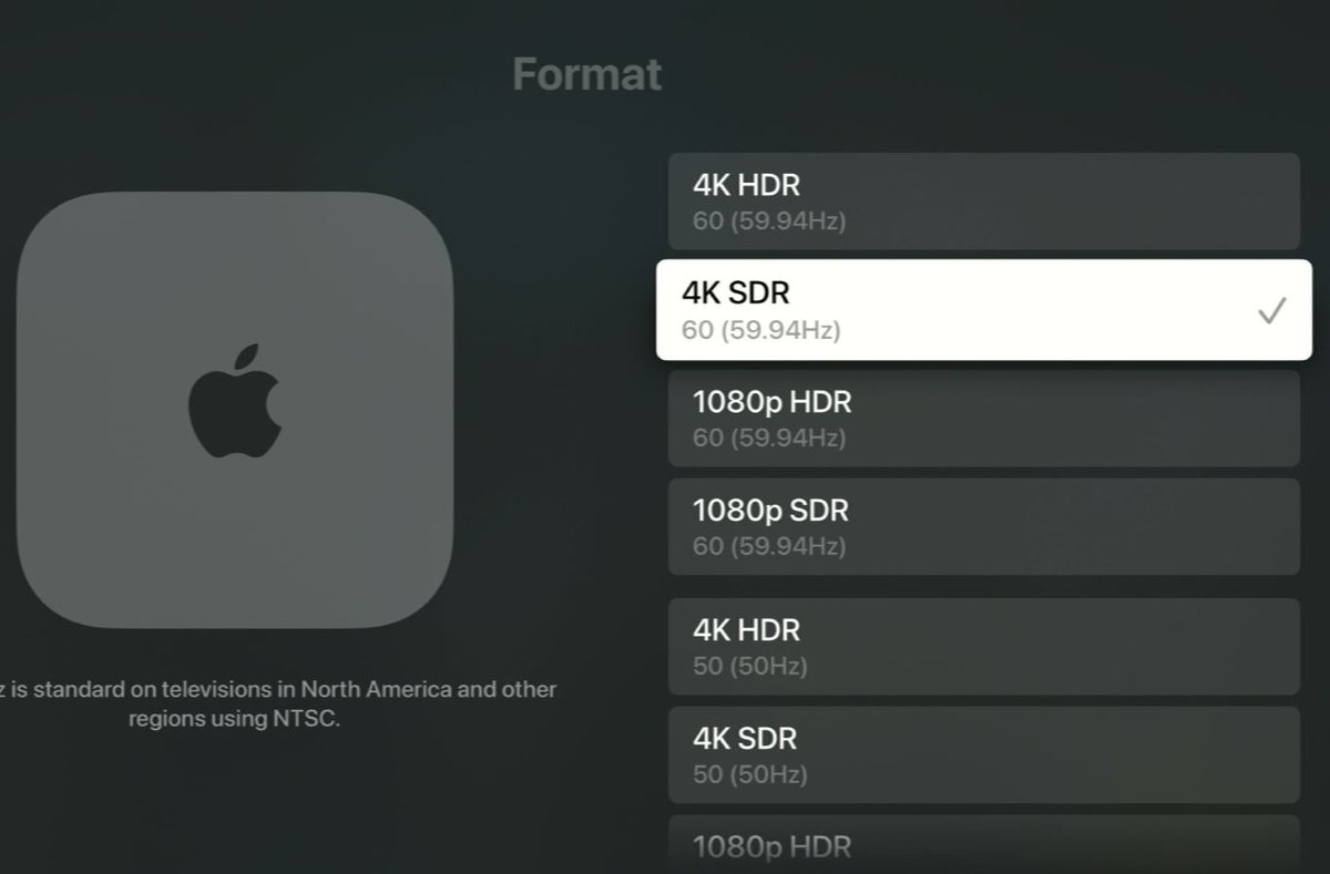 4k sdr option is chosen on an apple tv