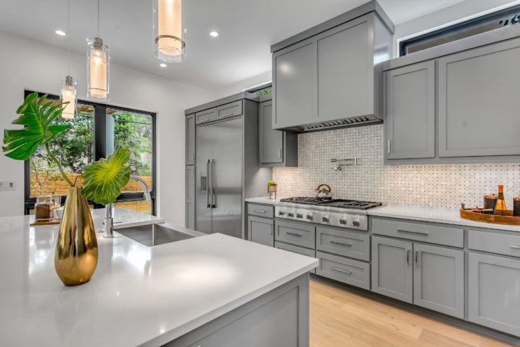 A bright kitchen with lights