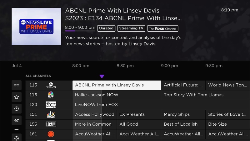 All Channels screen in Roku Live TV