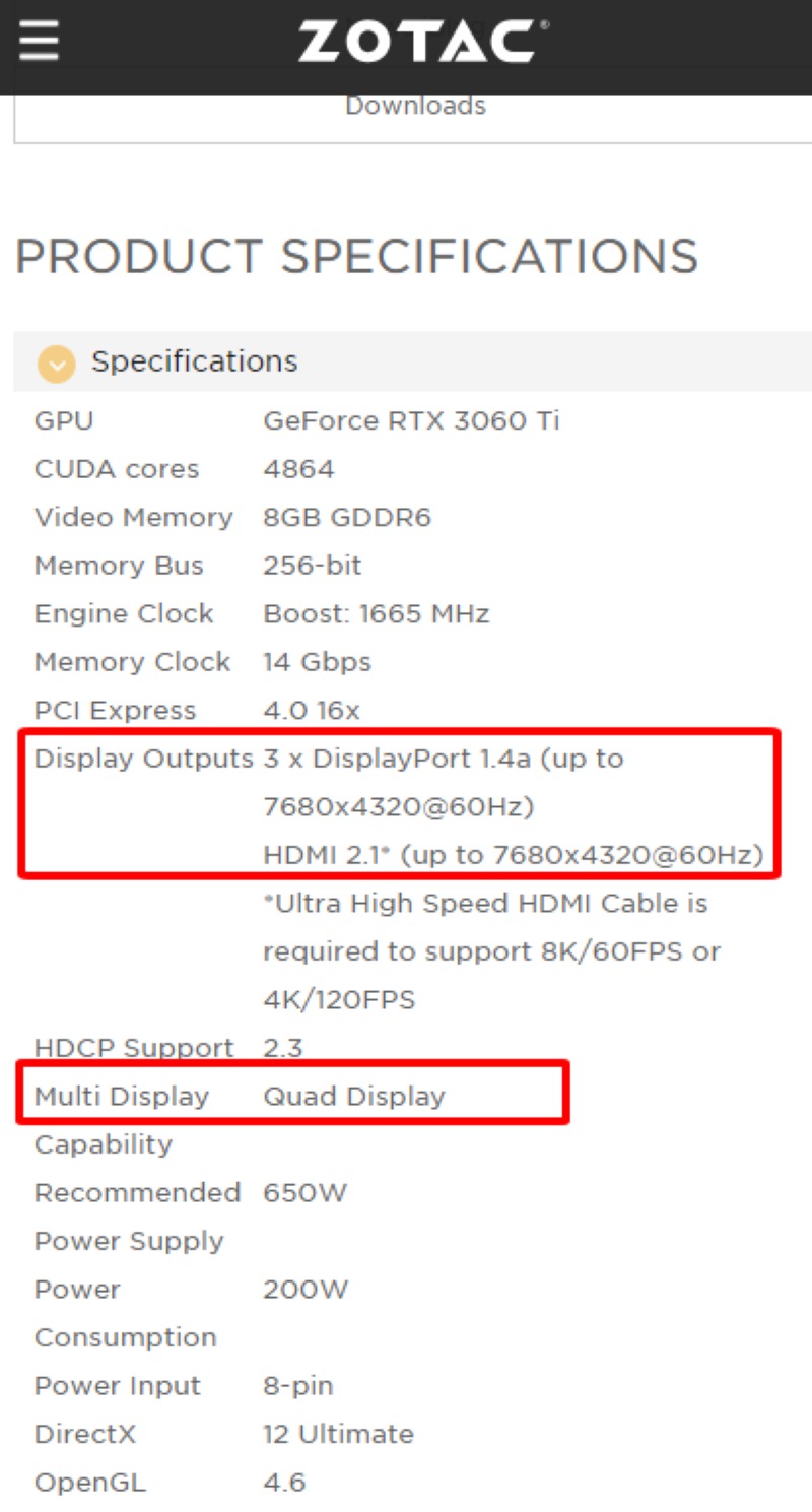 Display output specs of a Graphics card