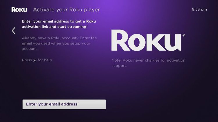 Enter email address to activate Roku device