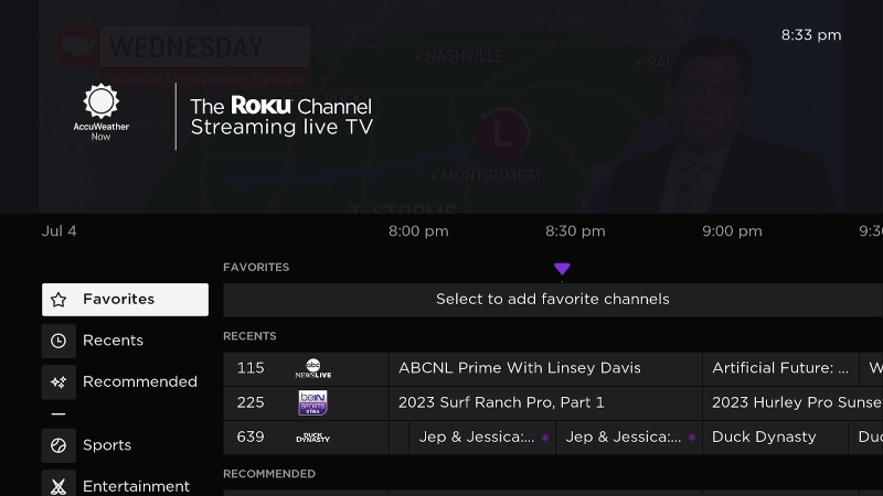 Favorite channels section on the Roku screen