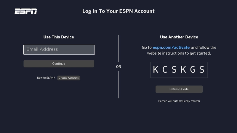 Log In to your ESPN Account on the Roku screen