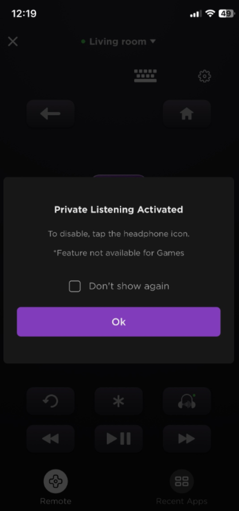 Private Listening activated message on the Roku mobile app