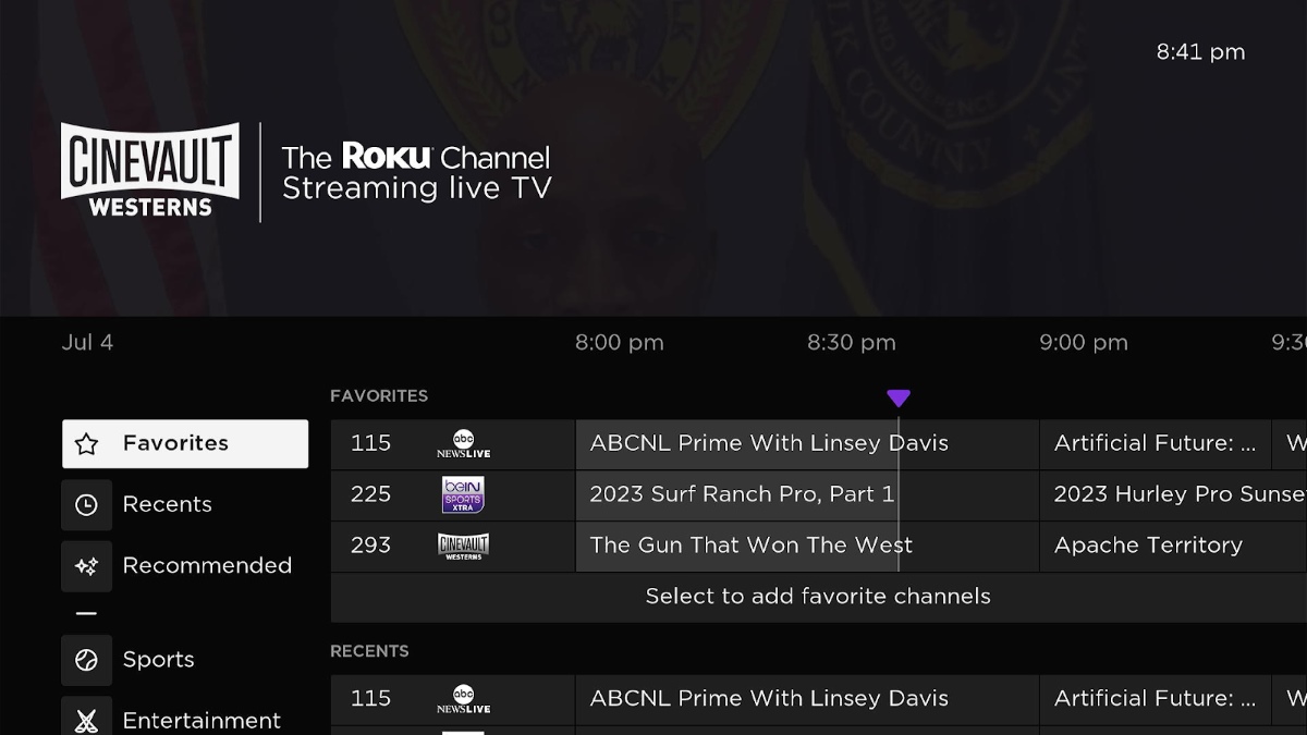 The Roku Channel Streaming Live TV main screen