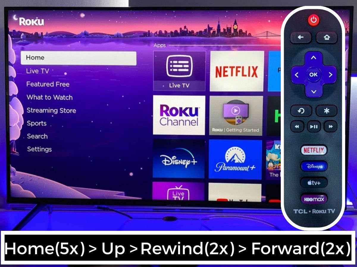 The Roku TV with the Roku remote showing the secret code