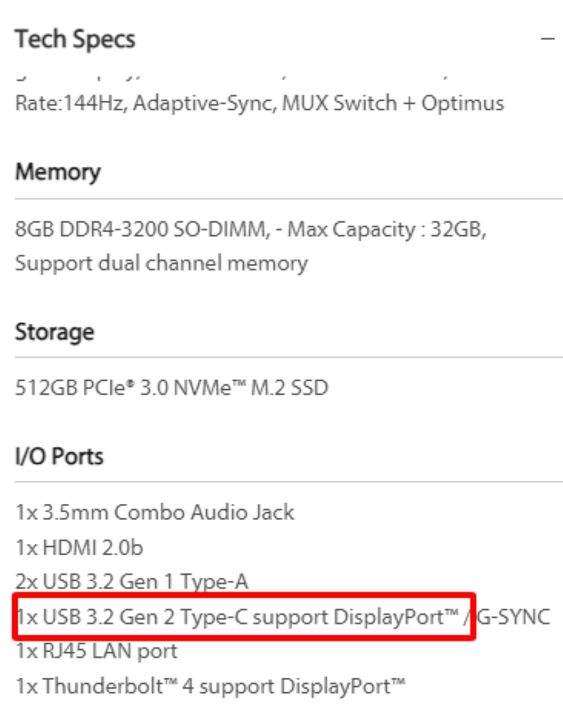 USB 3.2 on a Laptop specification page
