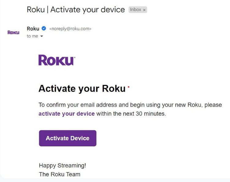 activation mail of Roku to link Roku account to Roku device