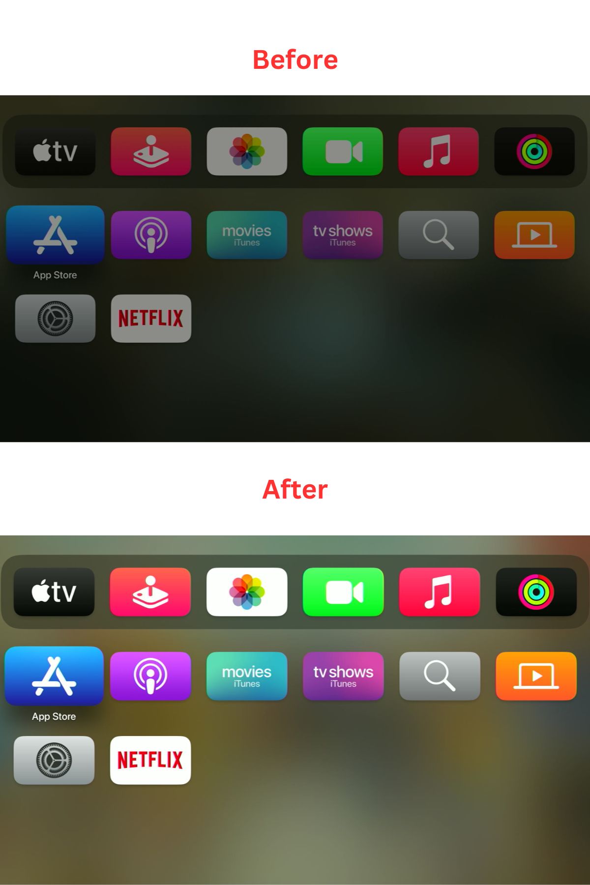 before and after turning off the reduce white point feature on an apple tv device