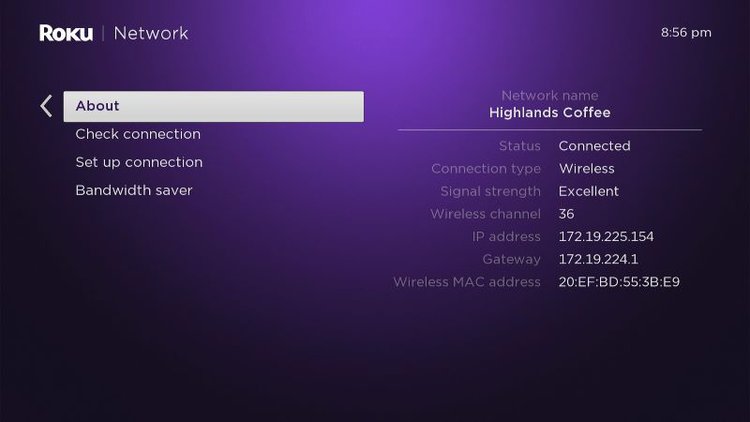 connected Wi-Fi info on Roku