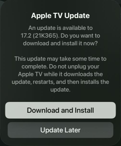 download and install option is highlighted on an apple tv