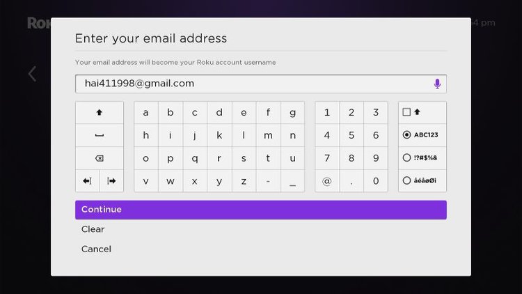 enter email address to log in Roku account on Roku device