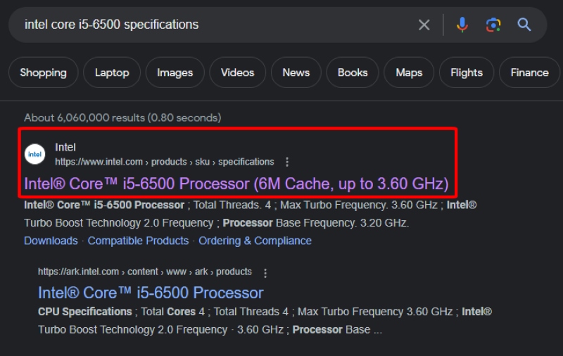 highlighted Intel CPU specification site on Google search result