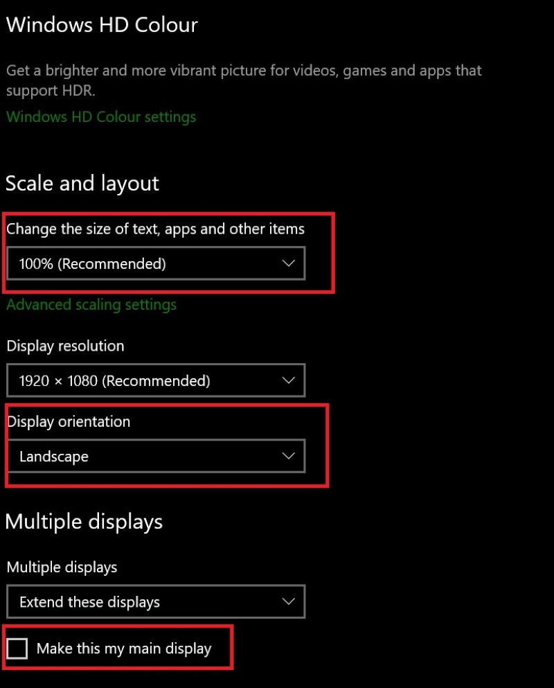 highlighting some options on the Windows PC display setting