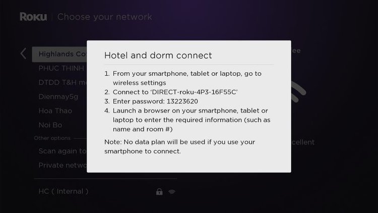 hotel and dorm connect instruction on Roku