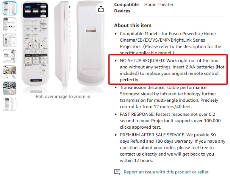 information indicator no setup is required for a replacement Epson projector remote on Amazon