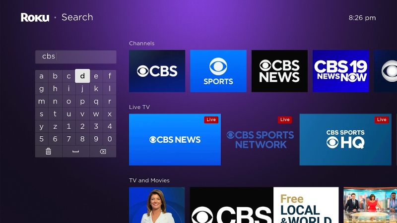 input CBS to Search feature on the Roku screen