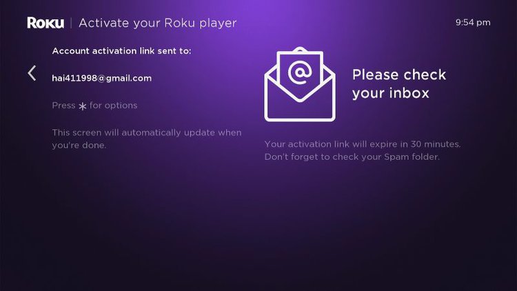 message page on Roku about activaton mail sent to laptop