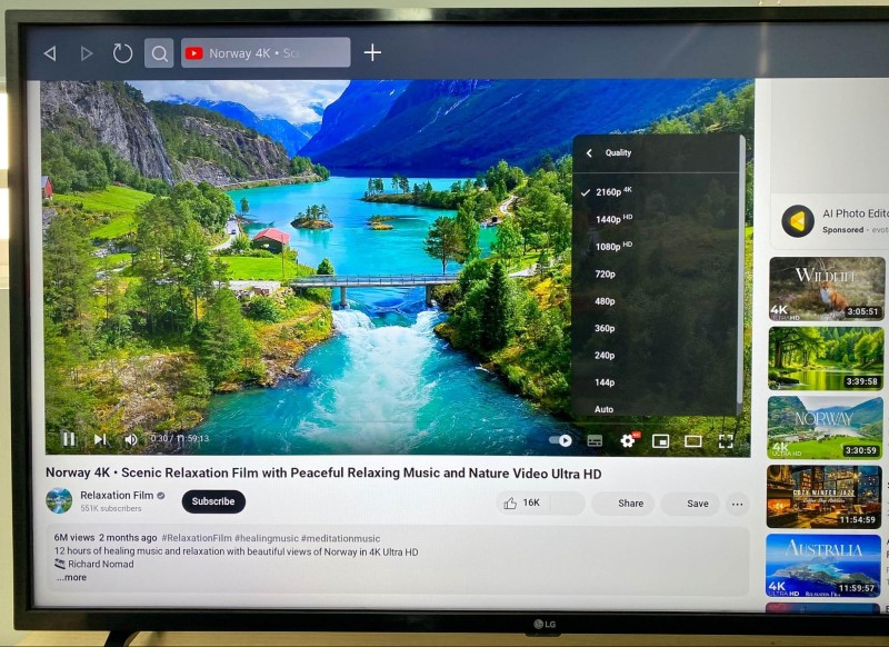 select 4K quality of a YouTube via web browser on LG TV