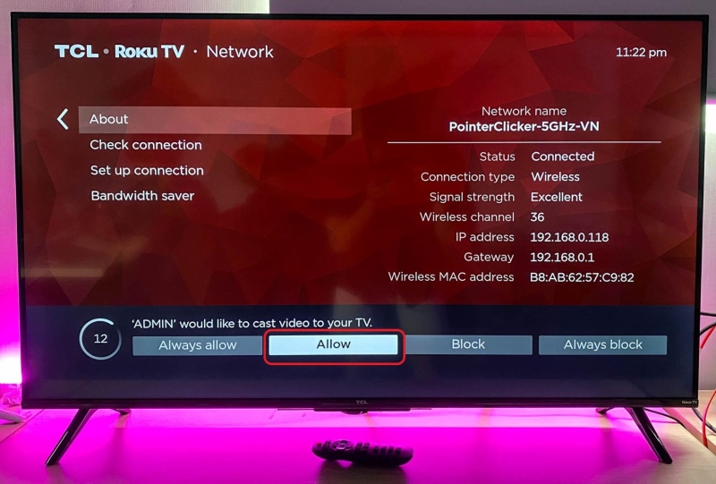 select Allow on Roku TV to connect to a PC as a wireless display