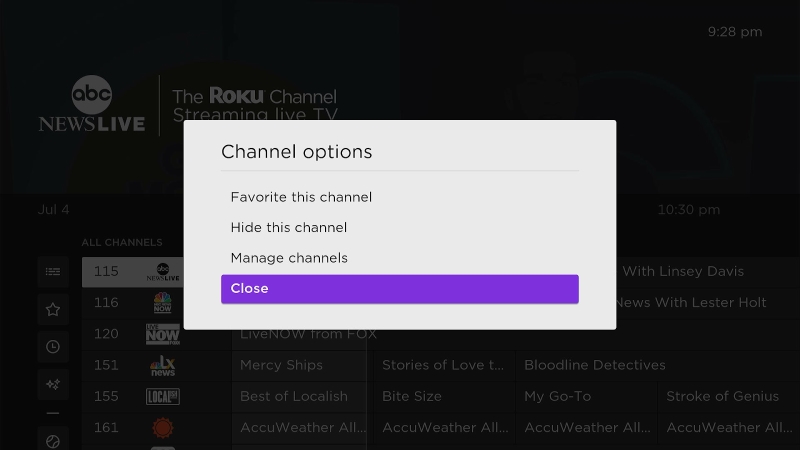 select Close to set the favorite channel on the Roku screen