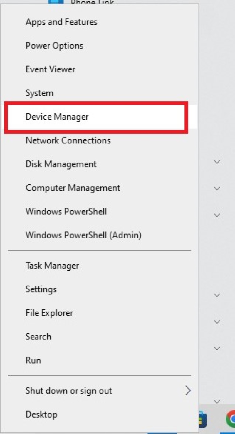 select Device Manager in the Windows PC shortcut menu