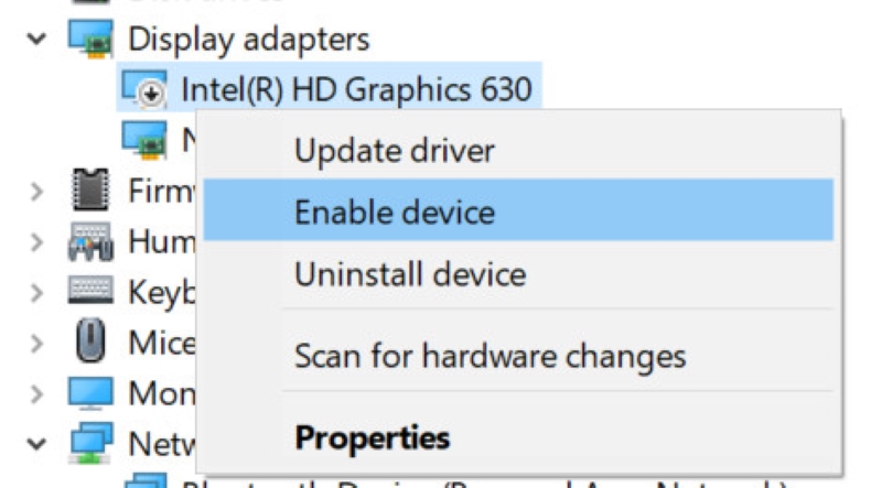 select Enable device on the integrated graphics card in Device Manager