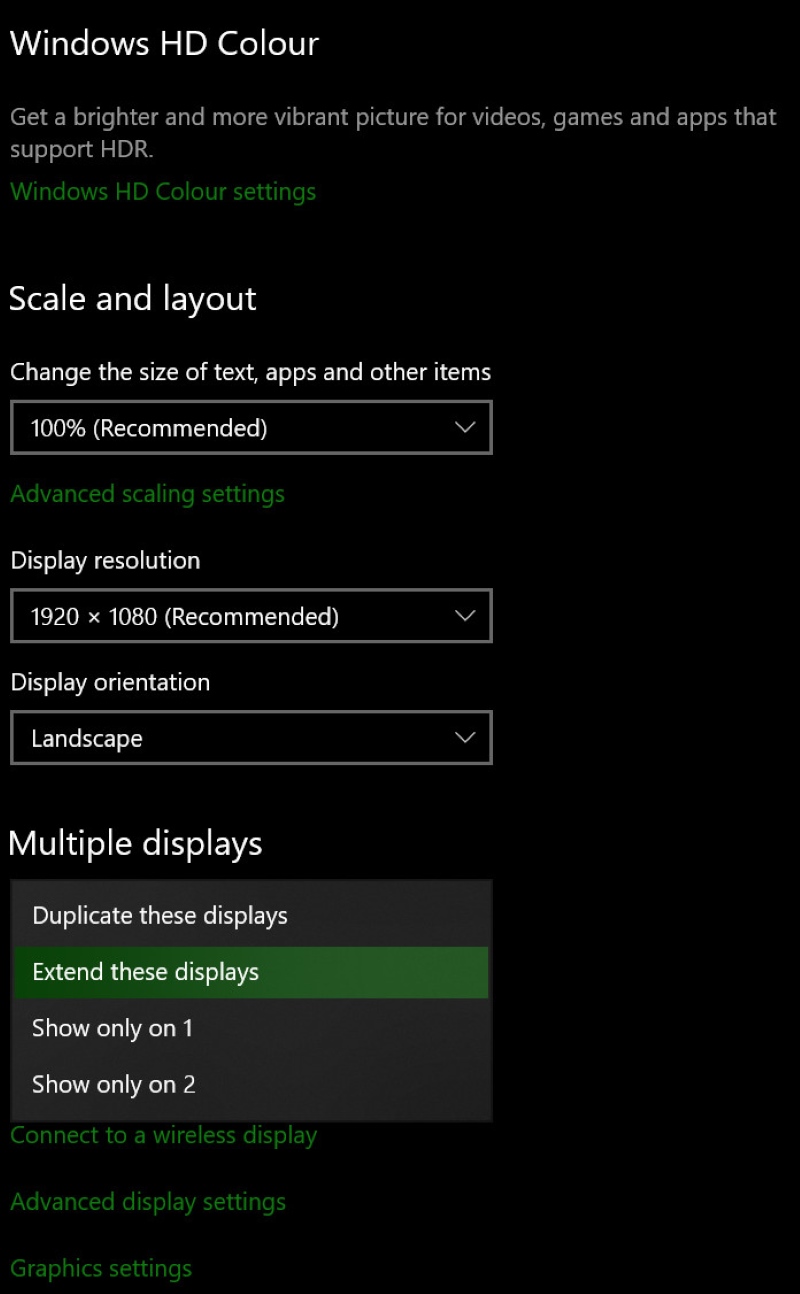 select Extend these displays in Windows PC Multiple displays settings