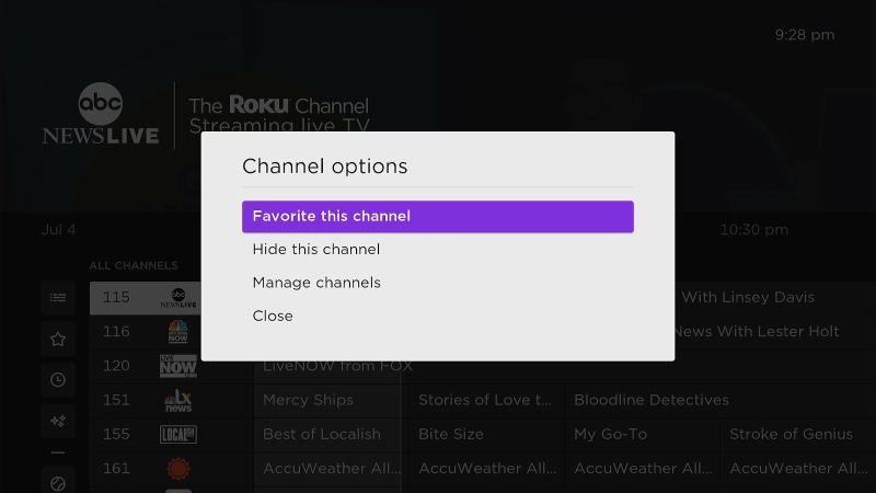 select Favorite this channel on the Roku screen