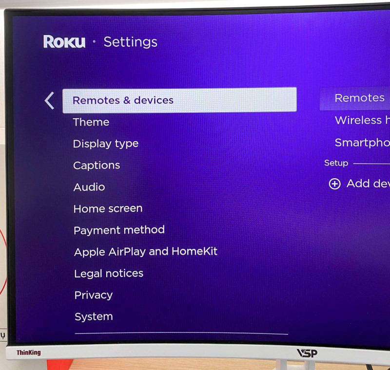 select Remotes & devices in the Roku Settings menu