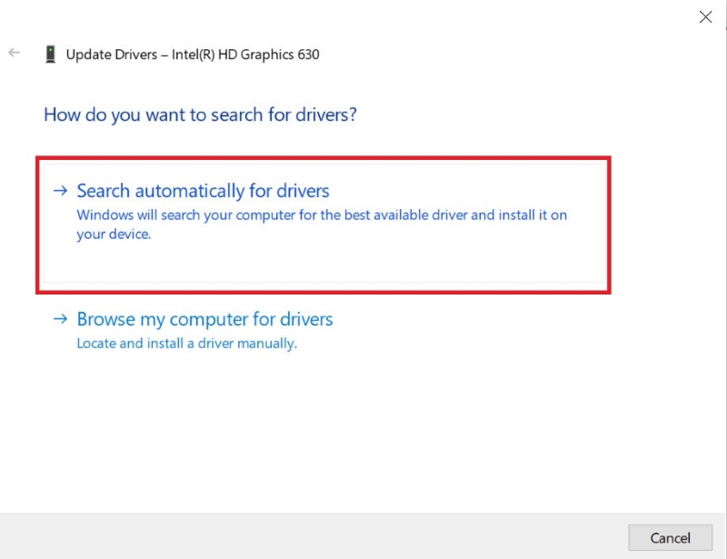 select Search automatically for the driver to update for Windows PC integrated graphics card